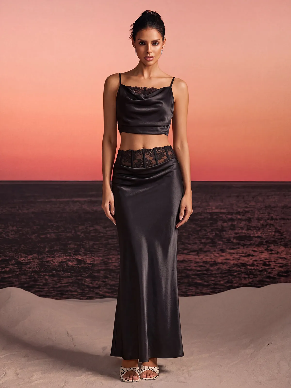 Iseron Spaghetti Lace Skirt Set In Black sold by Mew Mews product image thumbnail 2