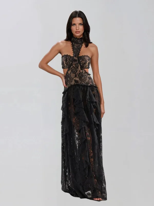 Gavelyn Halterneck Cutout Lace Maxi Dress In Black made by Mew Mews