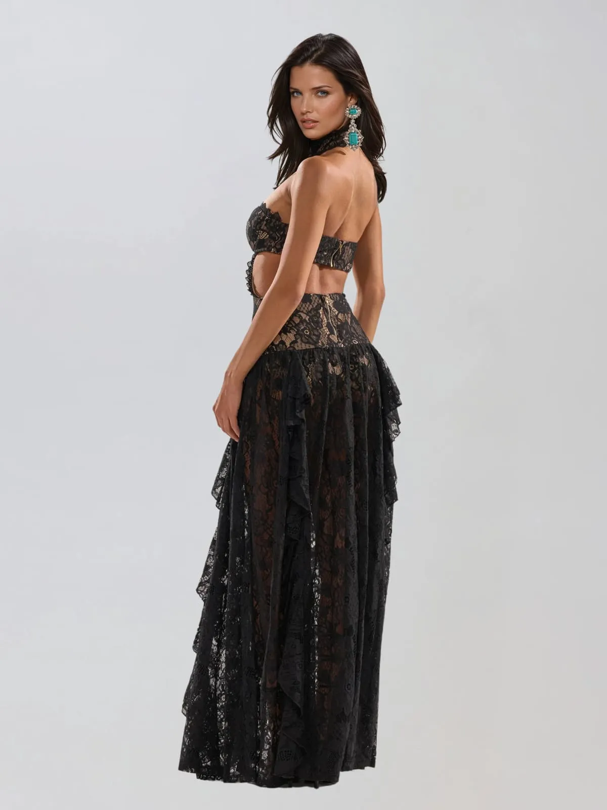 Gavelyn Halterneck Cutout Lace Maxi Dress In Black sold by Mew Mews product image thumbnail 4