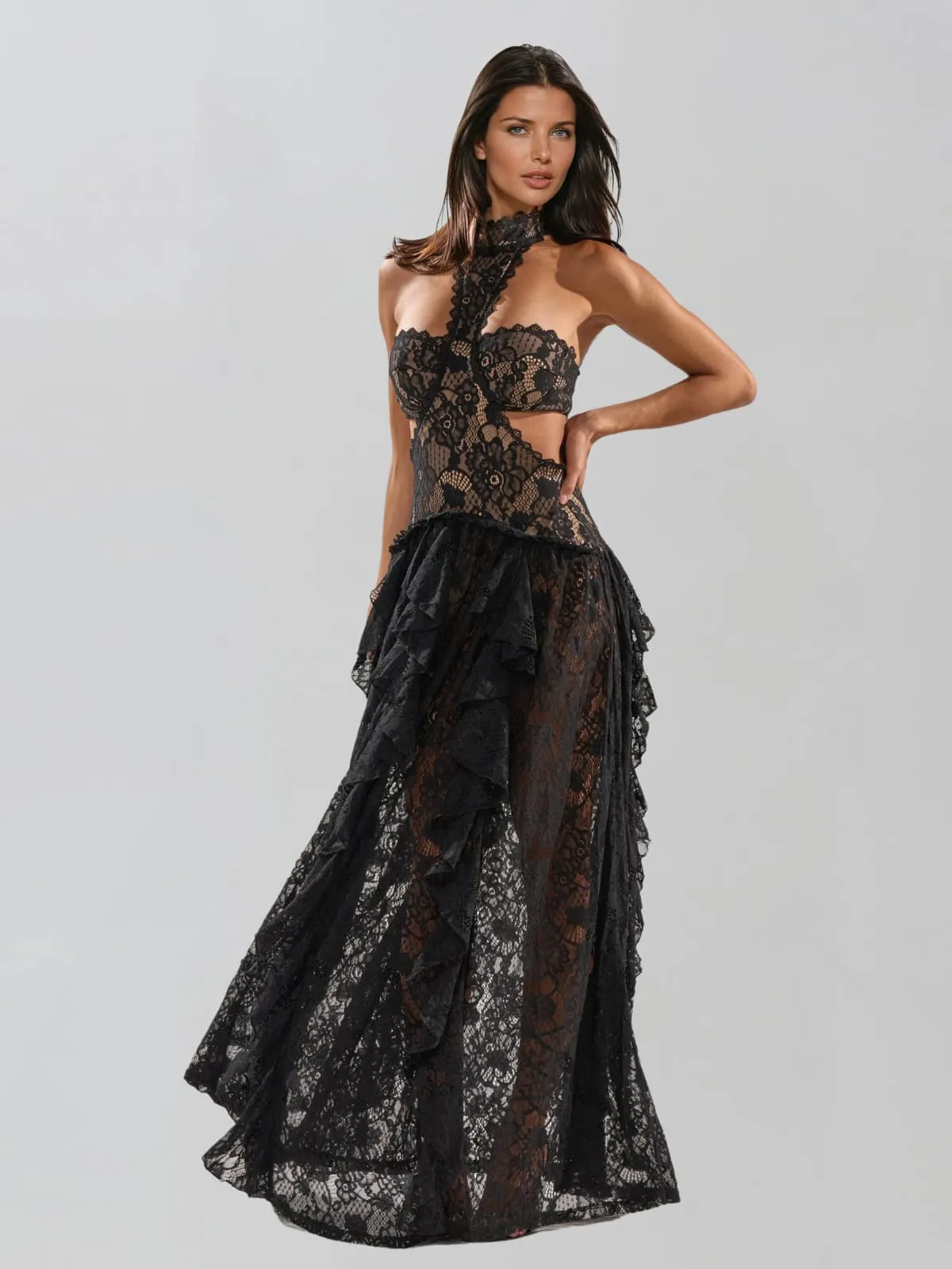 Gavelyn Halterneck Cutout Lace Maxi Dress In Black sold by Mew Mews product image thumbnail 2