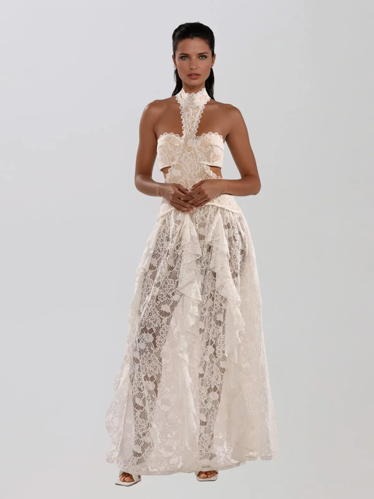 Gavelyn Halterneck Cutout Lace Maxi Dress In White sold by Mew Mews product image thumbnail 4