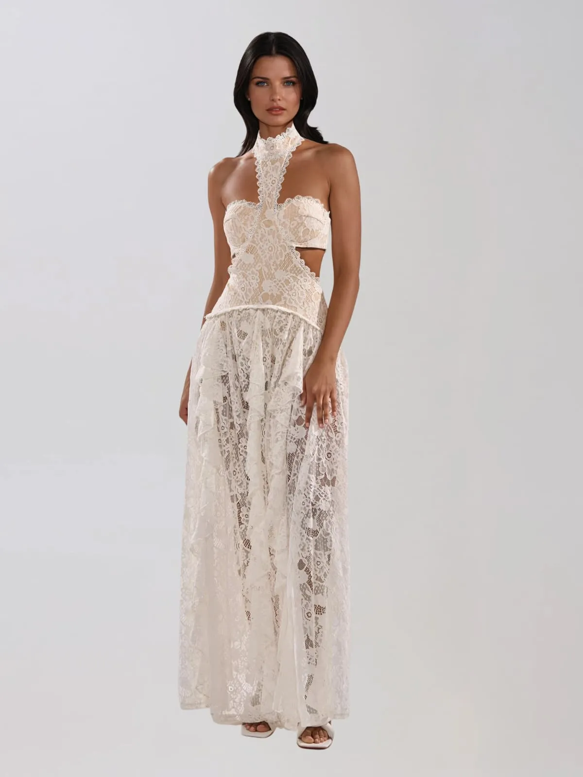Gavelyn Halterneck Cutout Lace Maxi Dress In White sold by Mew Mews product image thumbnail 2