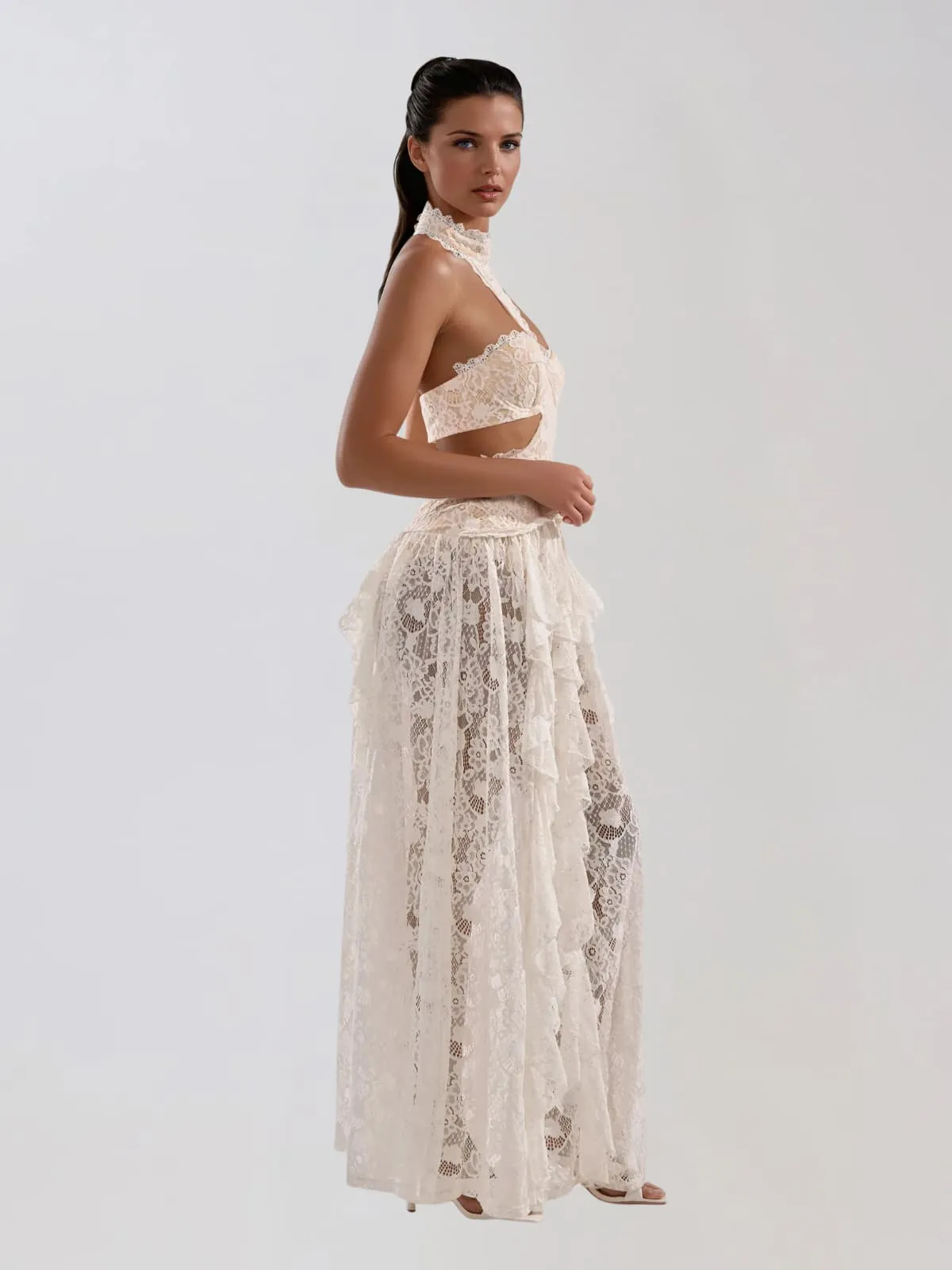 Gavelyn Halterneck Cutout Lace Maxi Dress In White sold by Mew Mews product image thumbnail 5