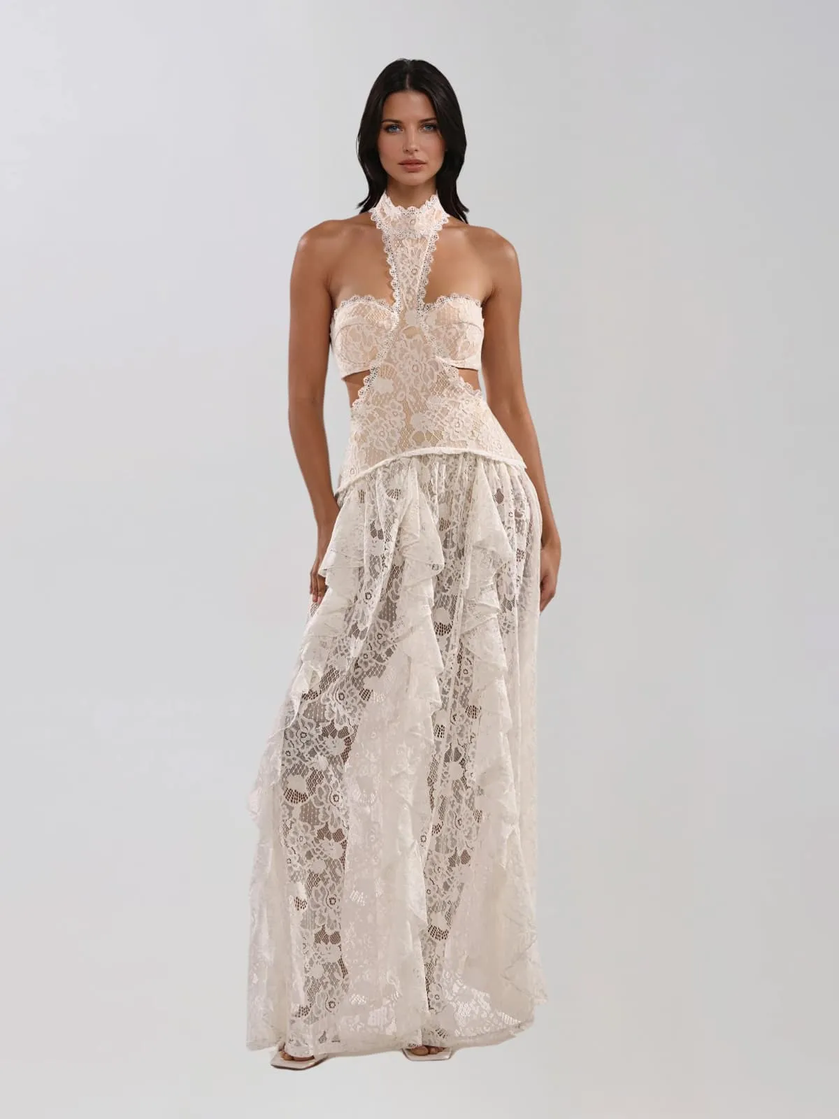 Gavelyn Halterneck Cutout Lace Maxi Dress In White sold by Mew Mews