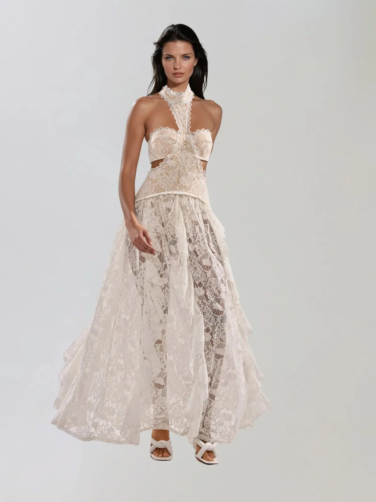 Gavelyn Halterneck Cutout Lace Maxi Dress In White sold by Mew Mews product image thumbnail 3