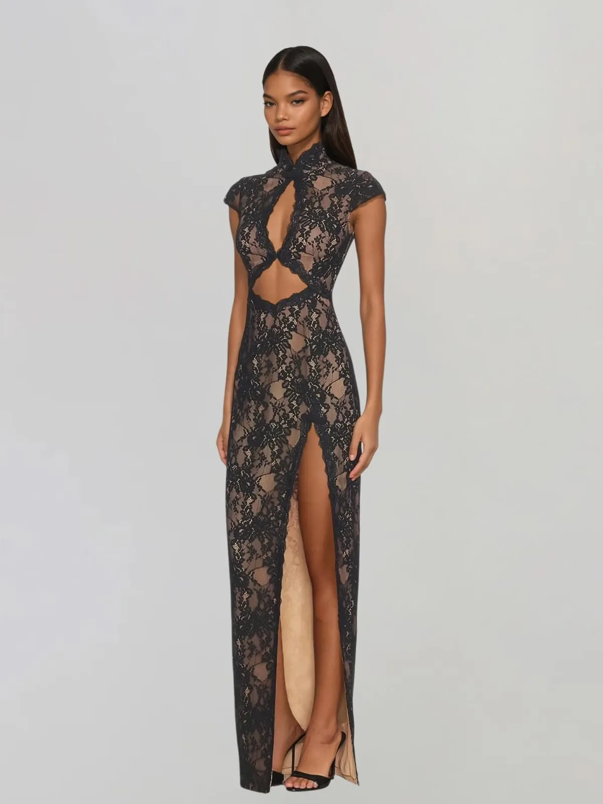 Vexorin High Neck Lace Split Maxi Dress sold by Mew Mews product image thumbnail 2