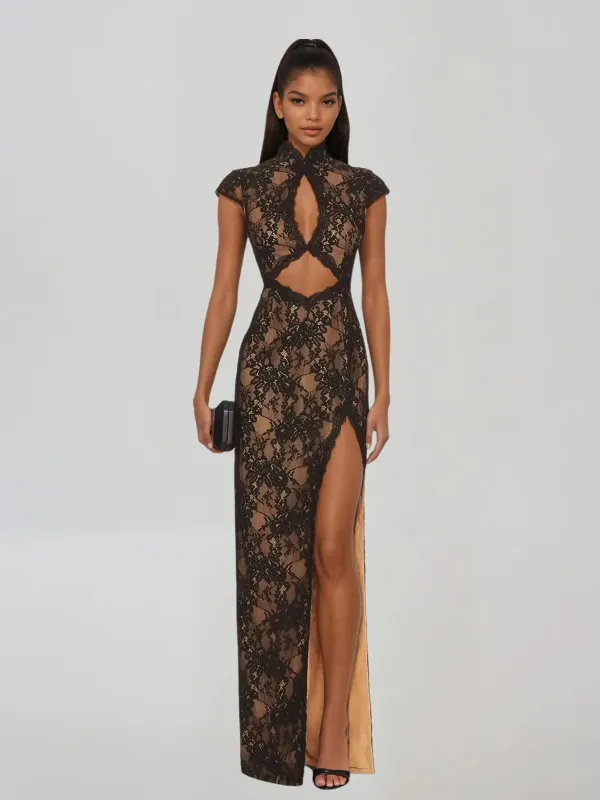 Vexorin High Neck Lace Split Maxi Dress made by Mew Mews