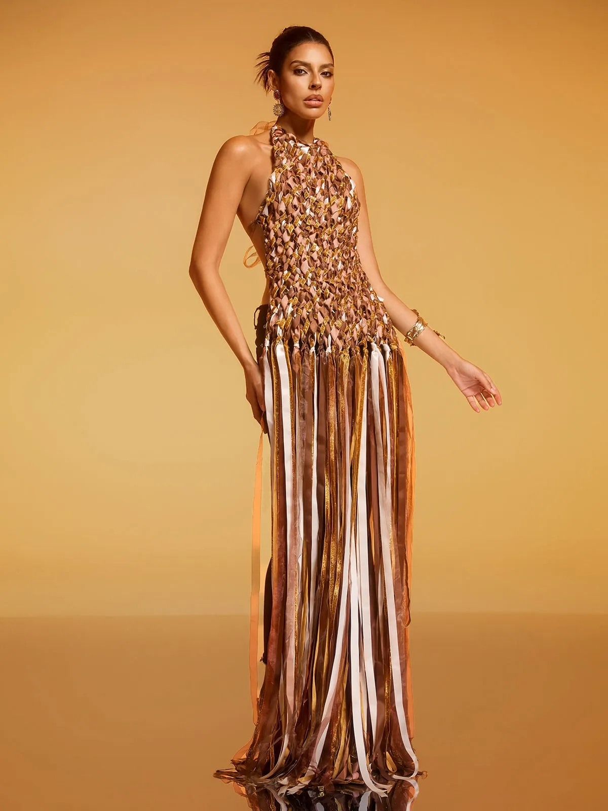 Domna Halterneck Woven Maxi Dress In Brown sold by Mew Mews product image thumbnail 4