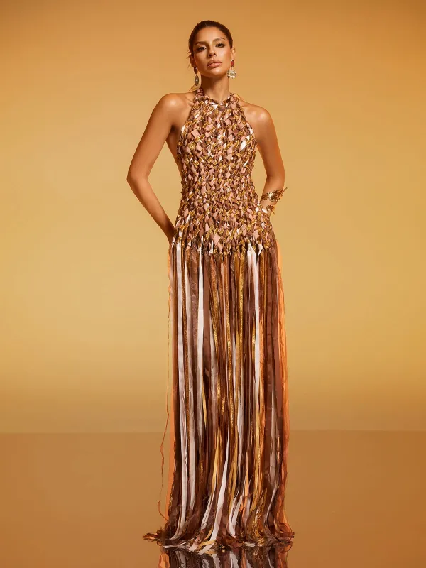 Domna Halterneck Woven Maxi Dress In Brown made by Mew Mews