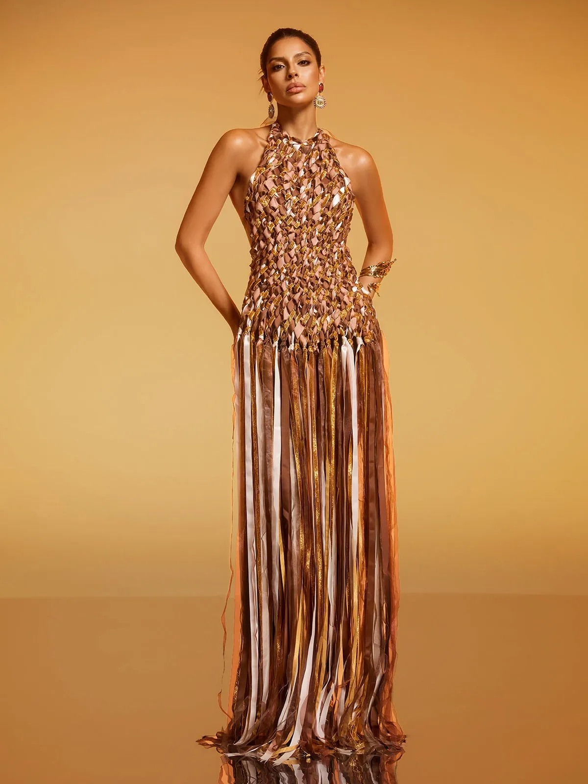 Domna Halterneck Woven Maxi Dress In Brown sold by Mew Mews