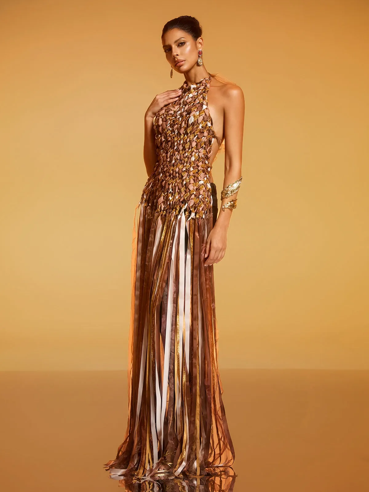 Domna Halterneck Woven Maxi Dress In Brown sold by Mew Mews product image thumbnail 5