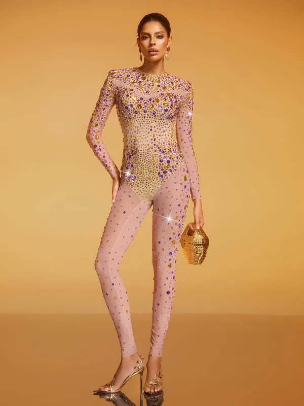 Domicia Long Sleeve Crystal Mesh Jumpsuit made by Mew Mews