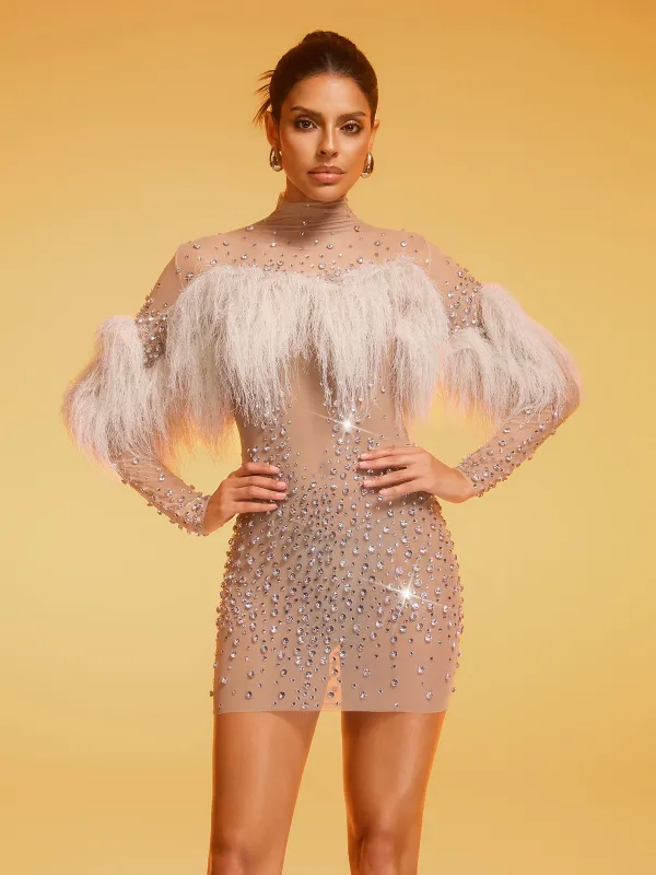 Diantha Fringe Rhinestone Mesh Mini Dress made by Mew Mews