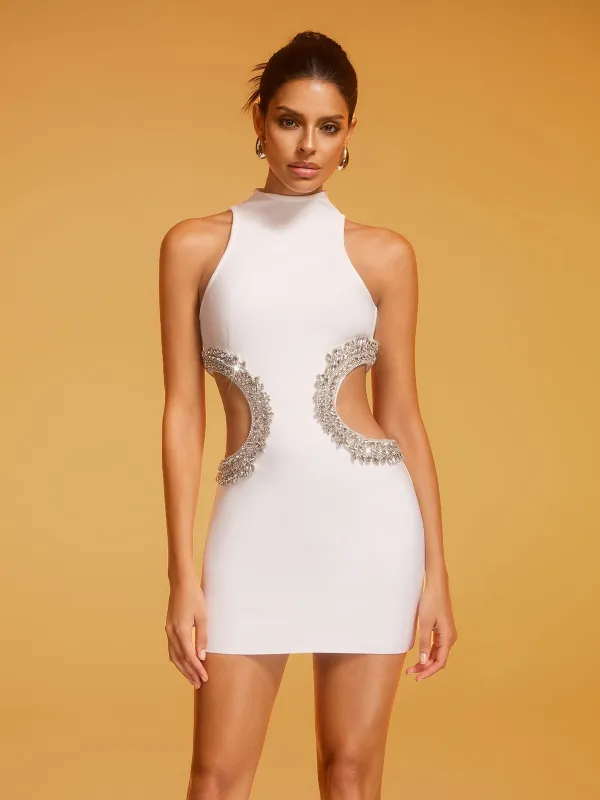 Lenticor Sleeveless Cutout Crystal Mini Dress In White made by Mew Mews