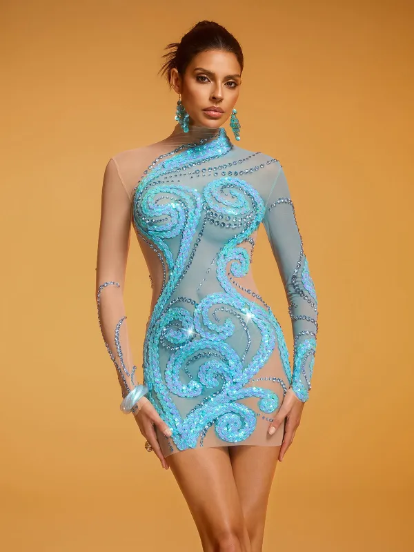 Diwata Crystal Sequin Mesh Mini Dress made by Mew Mews