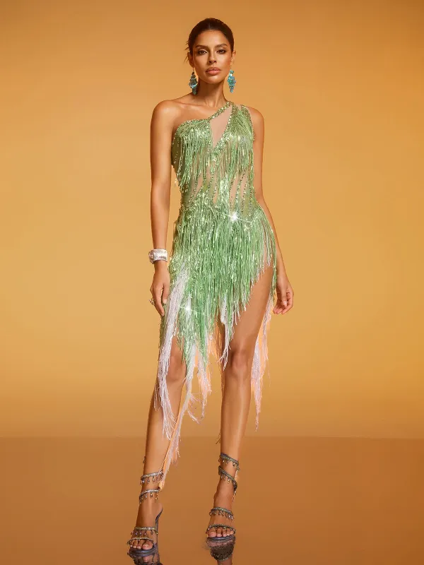 Divya One Shoulder Crystal Fringe Split Dress made by Mew Mews
