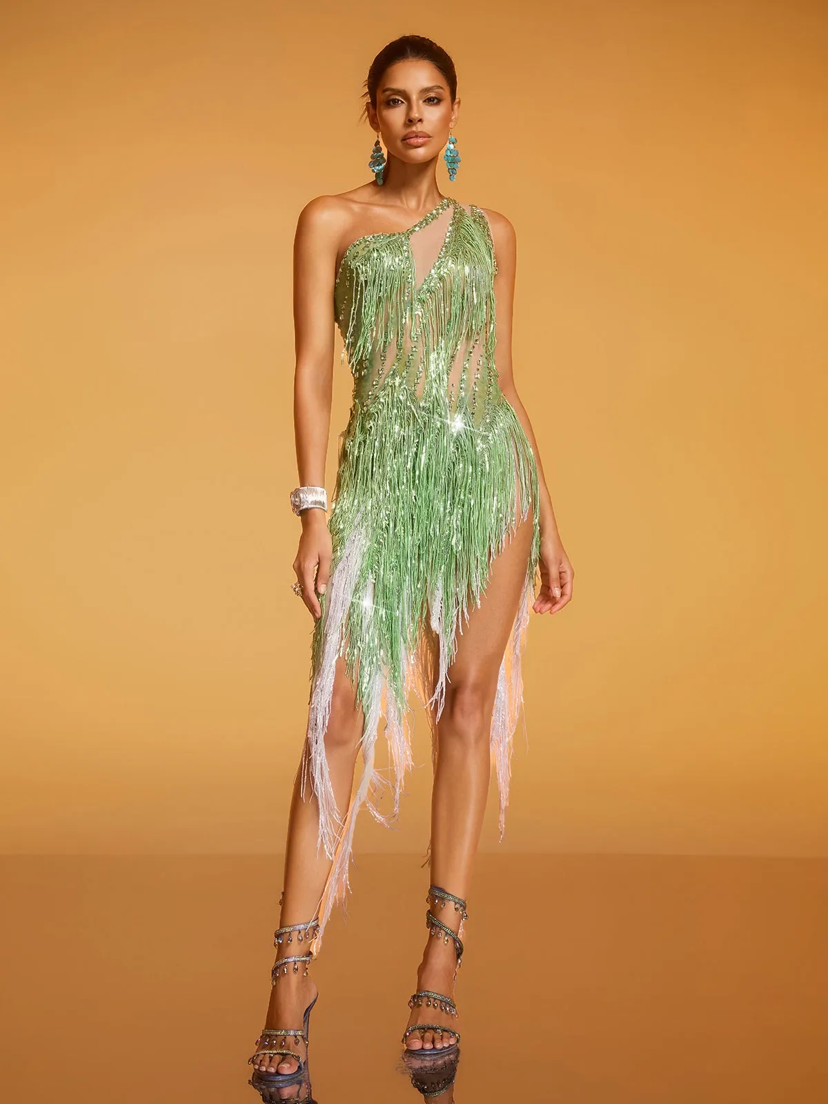 Divya One Shoulder Crystal Fringe Split Dress sold by Mew Mews