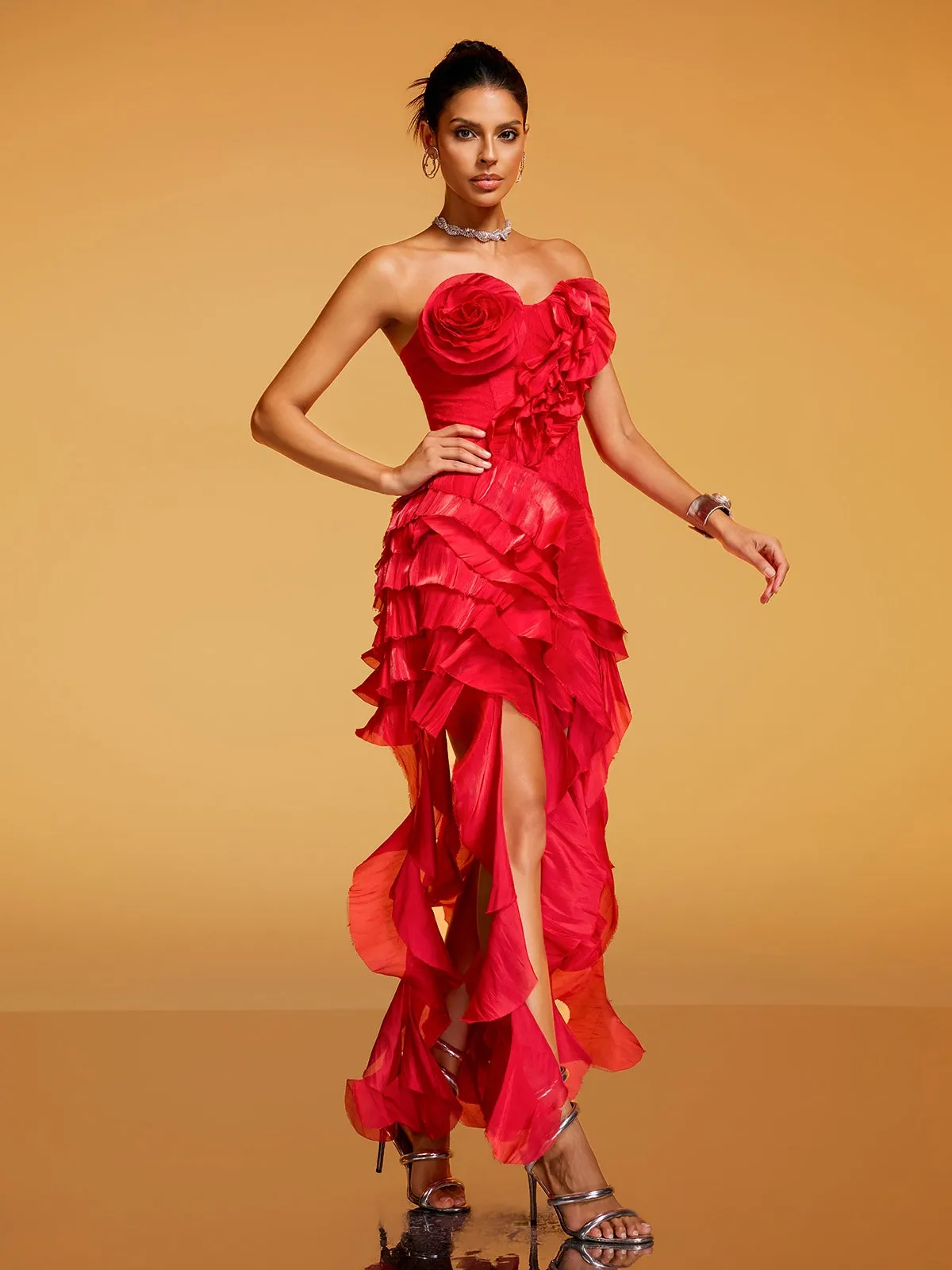 Devota Strapless Flower Ruffle Midi Dress sold by Mew Mews product image thumbnail 5