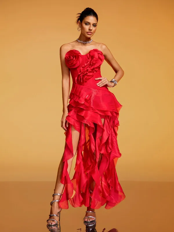 Devota Strapless Flower Ruffle Midi Dress made by Mew Mews