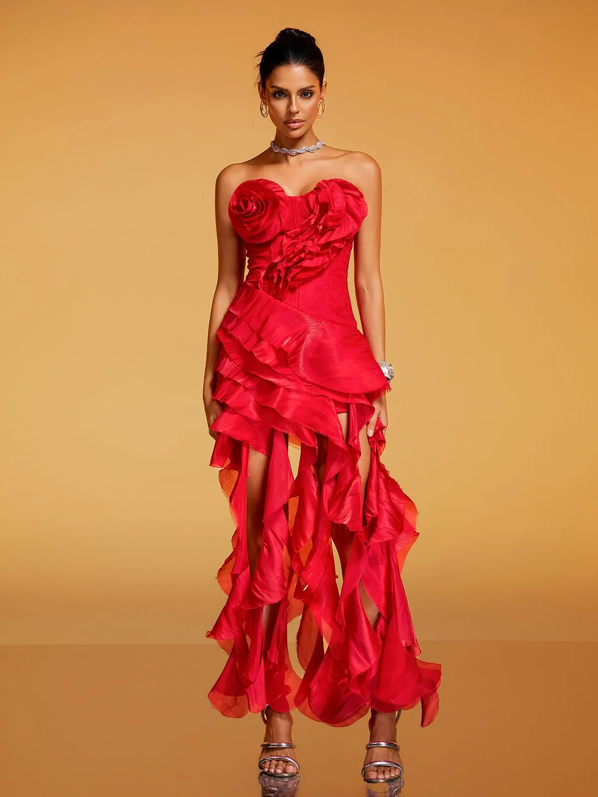 Devota Strapless Flower Ruffle Midi Dress sold by Mew Mews product image thumbnail 4