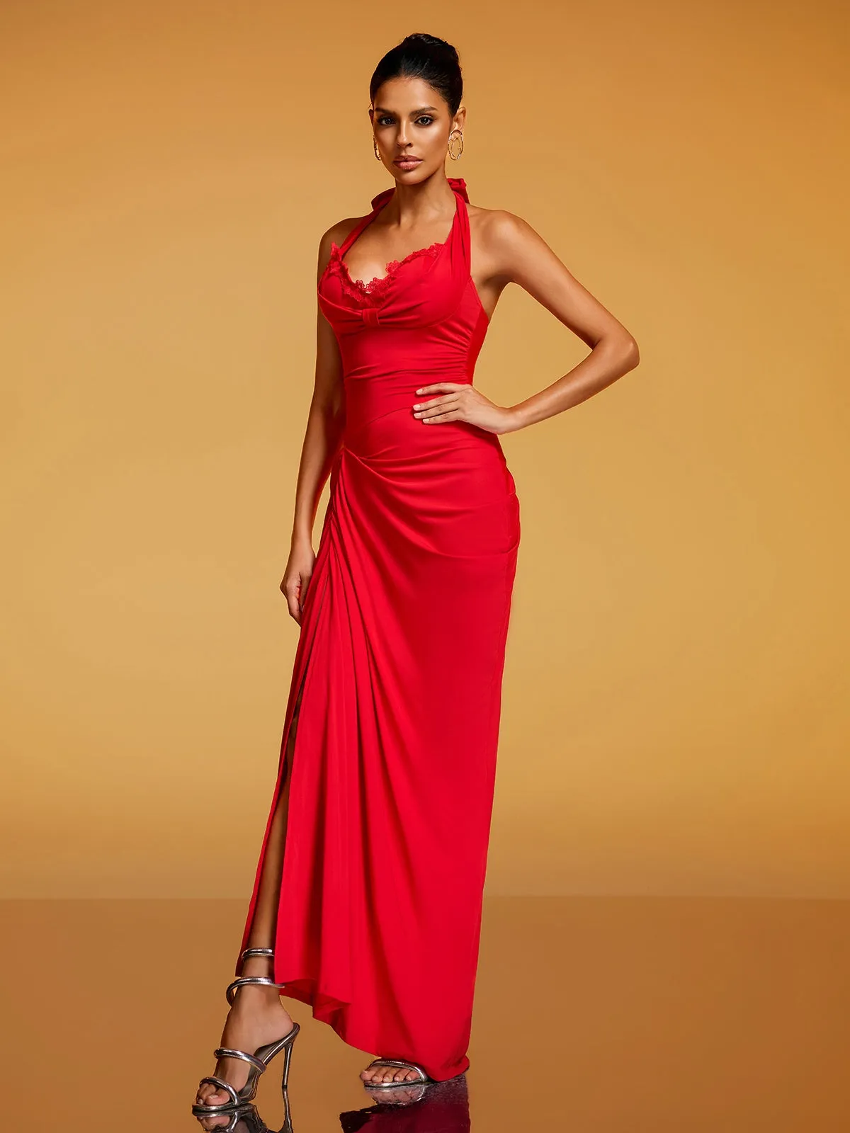 Rethik Halterneck Ruched Split Maxi Dress sold by Mew Mews product image thumbnail 5