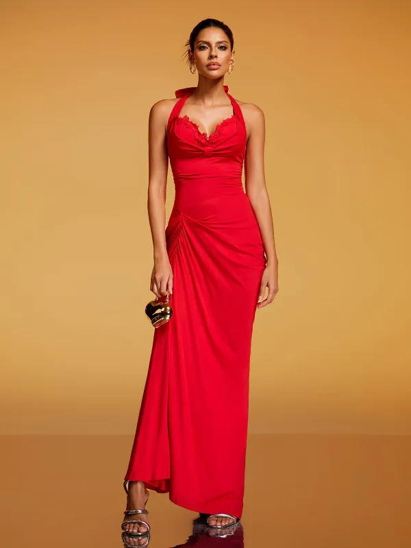 Rethik Halterneck Ruched Split Maxi Dress made by Mew Mews