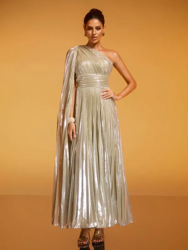 Kaleen One Shoulder Pleated Metallic Dress In Silver made by Mew Mews