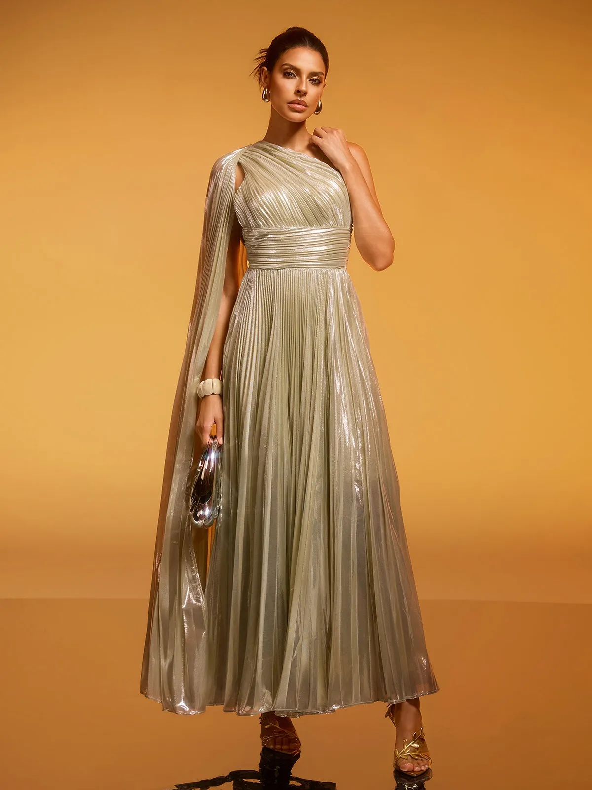 Kaleen One Shoulder Pleated Metallic Dress In Silver sold by Mew Mews product image thumbnail 2