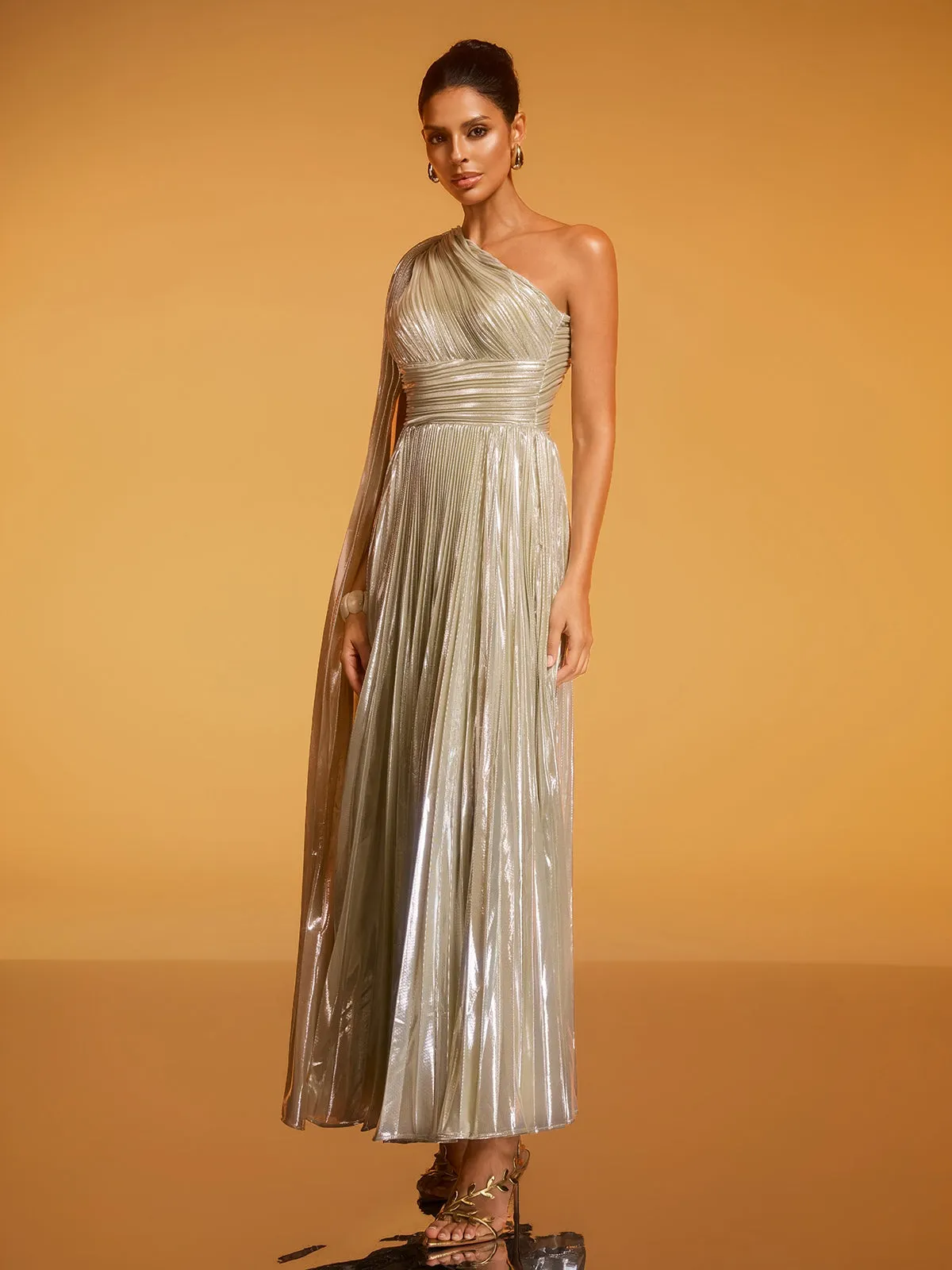 Kaleen One Shoulder Pleated Metallic Dress In Silver sold by Mew Mews product image thumbnail 5