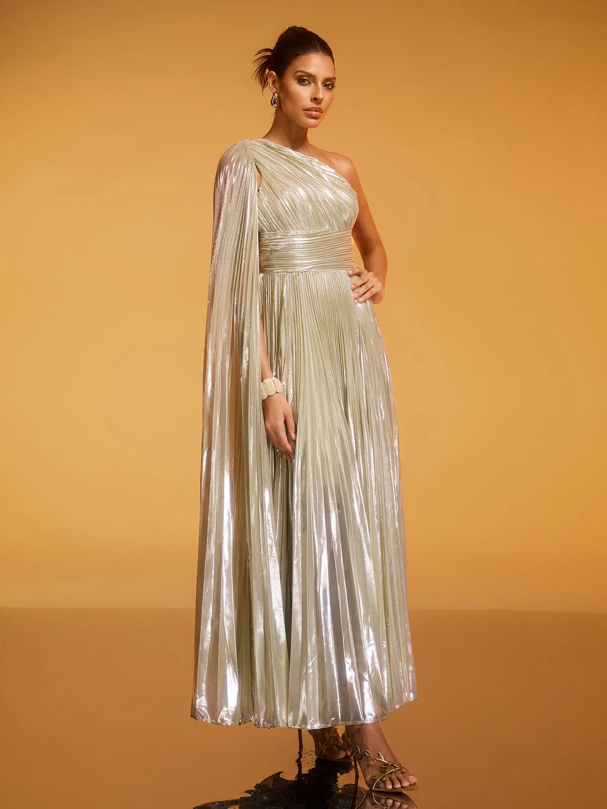 Kaleen One Shoulder Pleated Metallic Dress In Silver sold by Mew Mews product image thumbnail 4