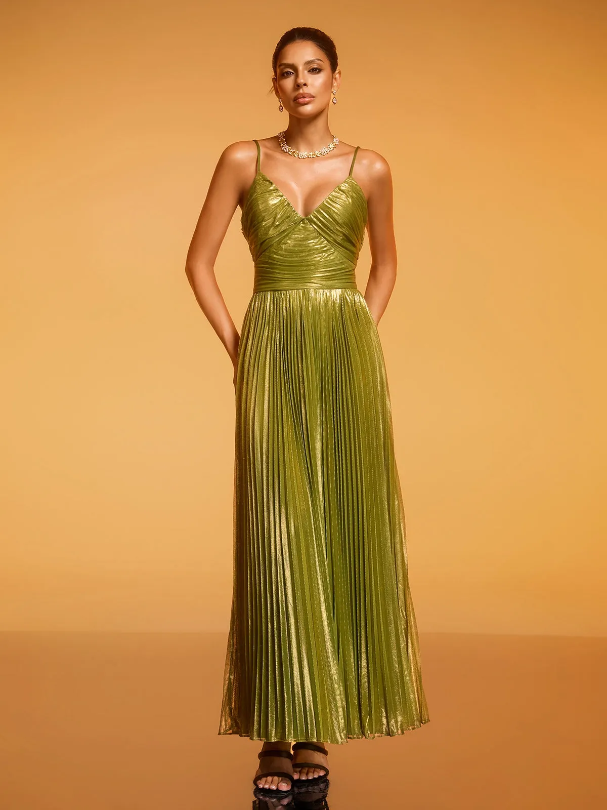 Bexira Spaghetti Metallic Pleated Maxi Dress sold by Mew Mews product image thumbnail 2