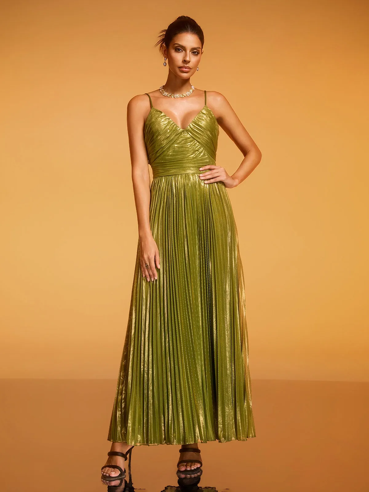 Bexira Spaghetti Metallic Pleated Maxi Dress sold by Mew Mews