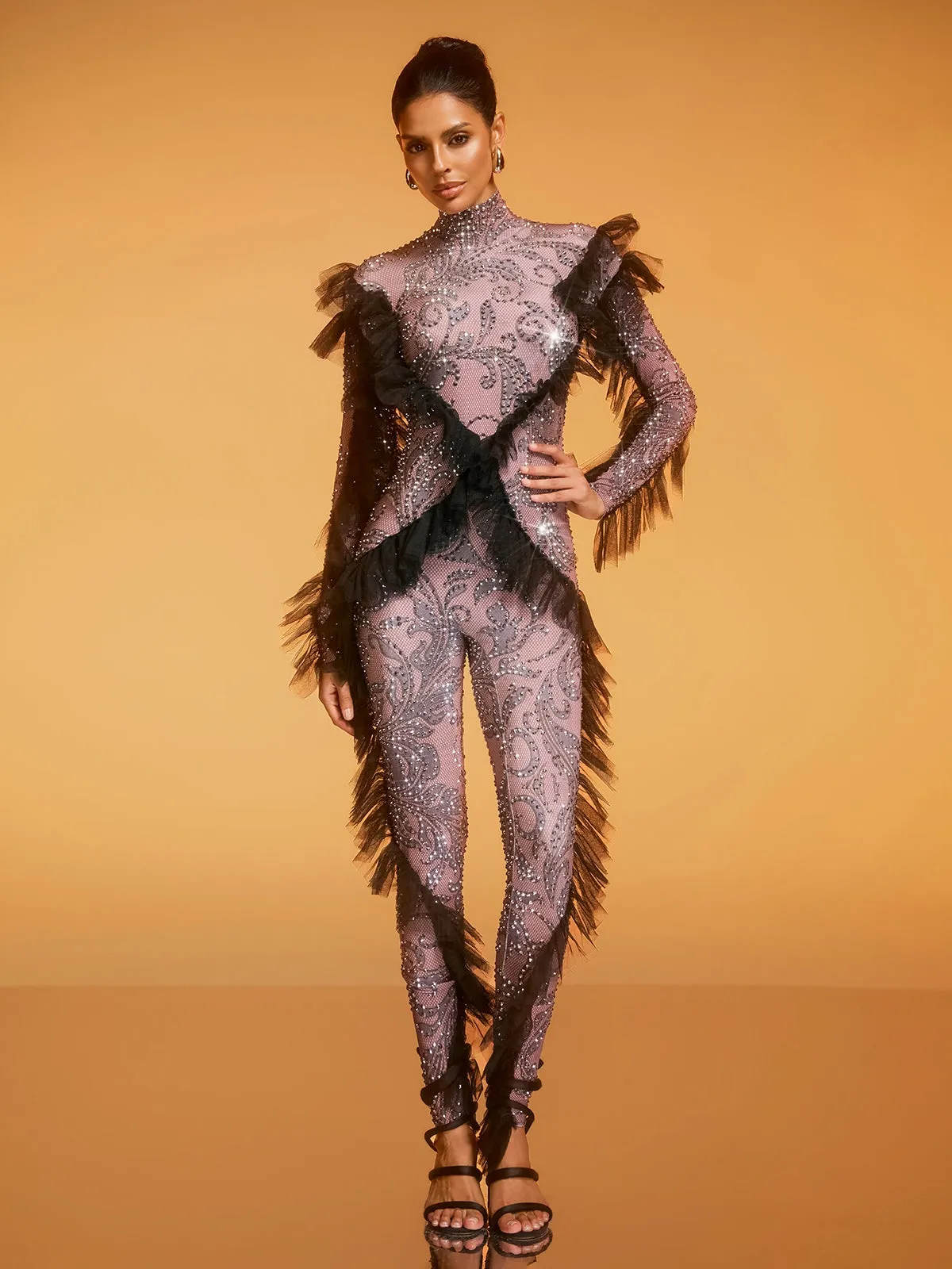 Dilys Tulle Trimmed Rhinestone Jumpsuit sold by Mew Mews product image thumbnail 2