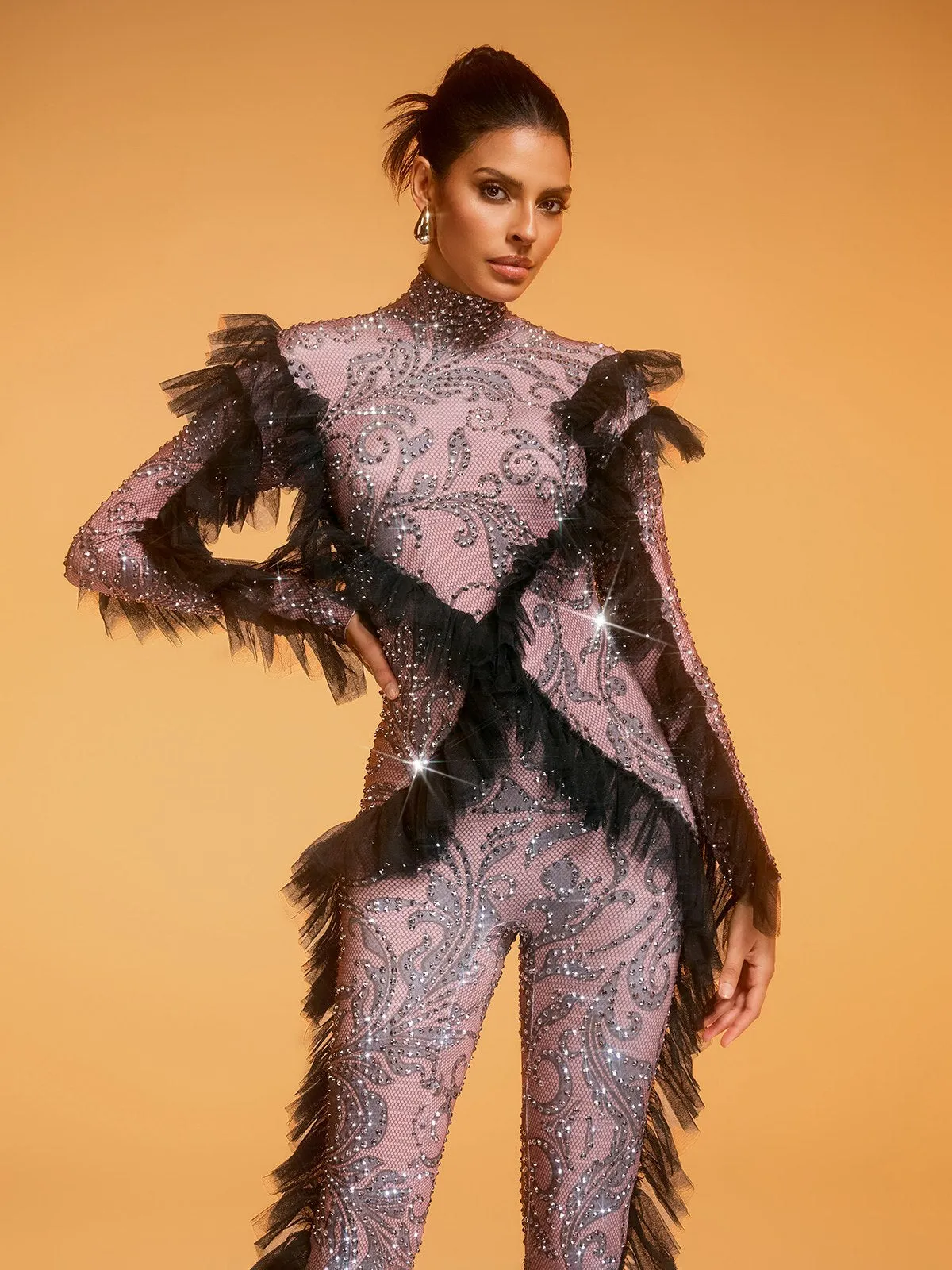 Dilys Tulle Trimmed Rhinestone Jumpsuit sold by Mew Mews product image thumbnail 3