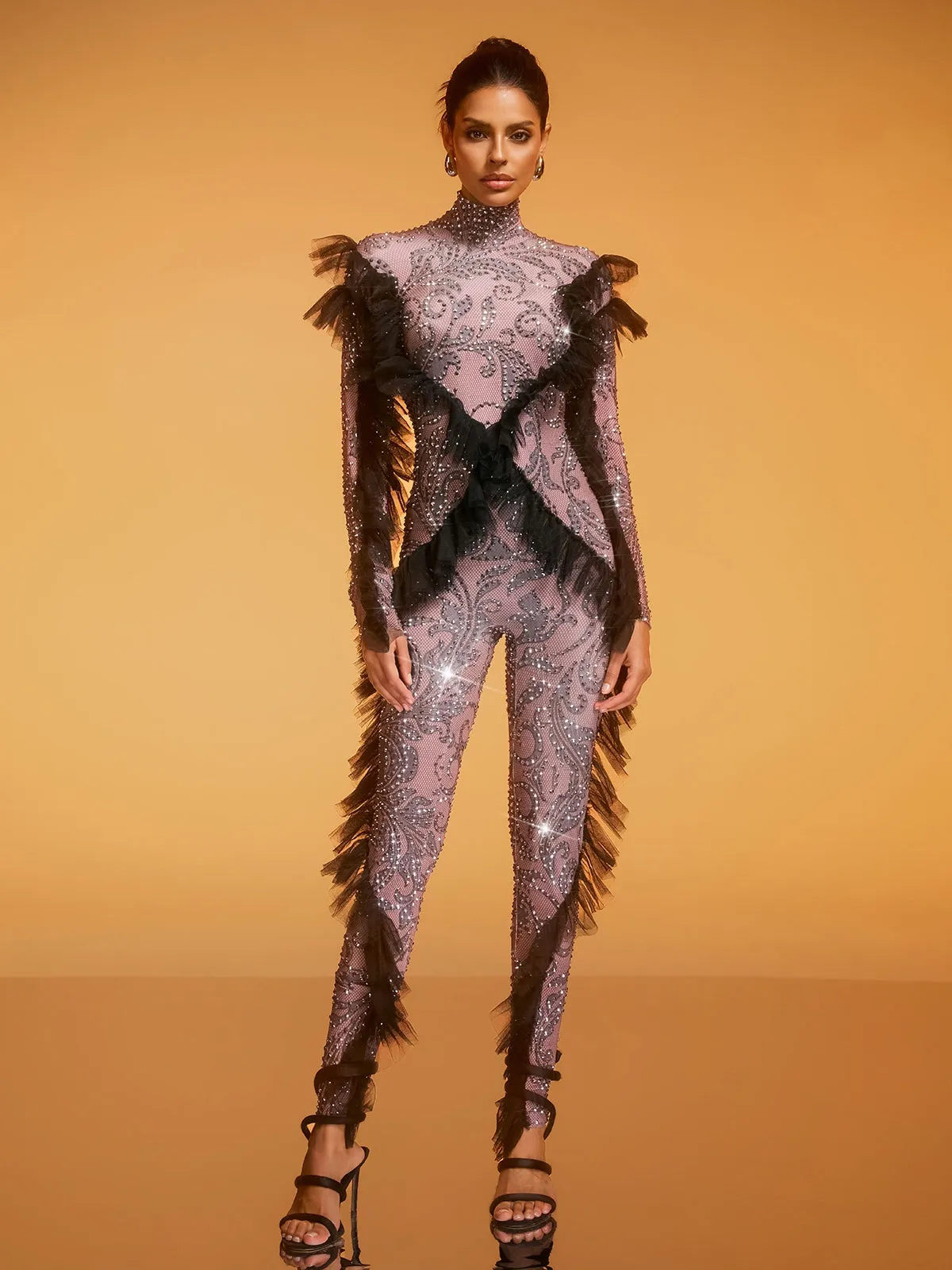 Dilys Tulle Trimmed Rhinestone Jumpsuit sold by Mew Mews