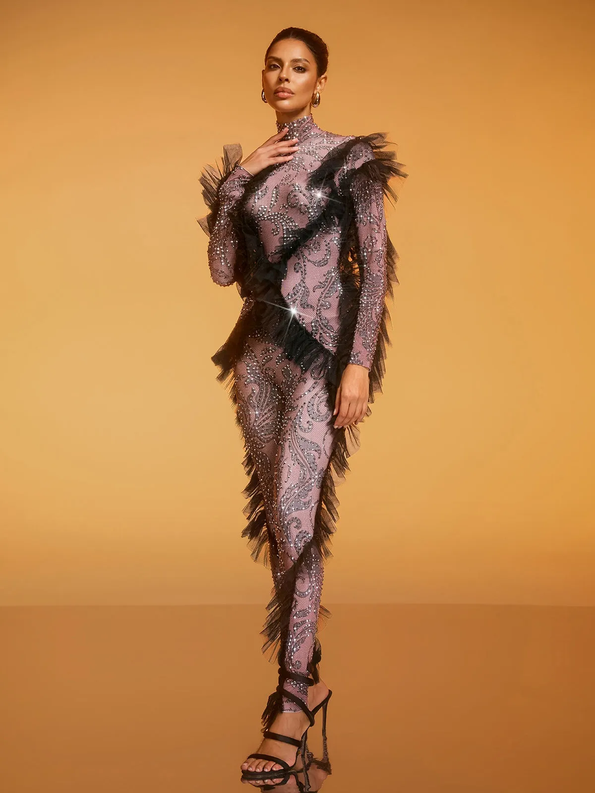 Dilys Tulle Trimmed Rhinestone Jumpsuit sold by Mew Mews product image thumbnail 5