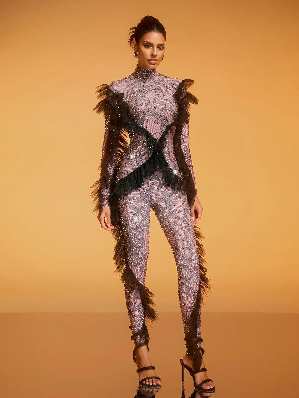 Dilys Tulle Trimmed Rhinestone Jumpsuit sold by Mew Mews product image thumbnail 4