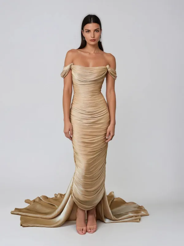 Perax Off Shoulder Ruched Mermaid Maxi Dress made by Mew Mews