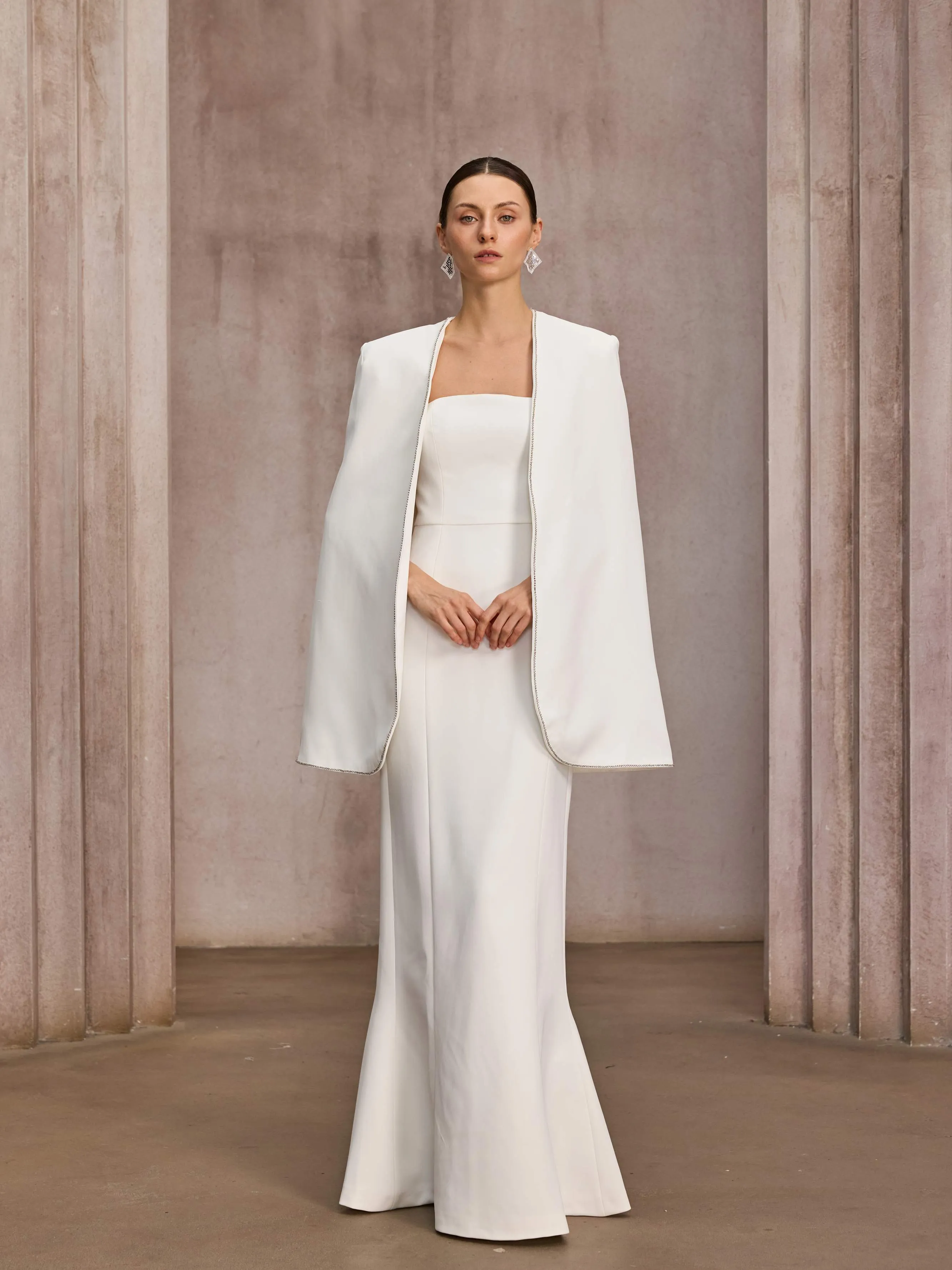 Drexor Strapless Cape Rhinestone Maxi Dress sold by Mew Mews