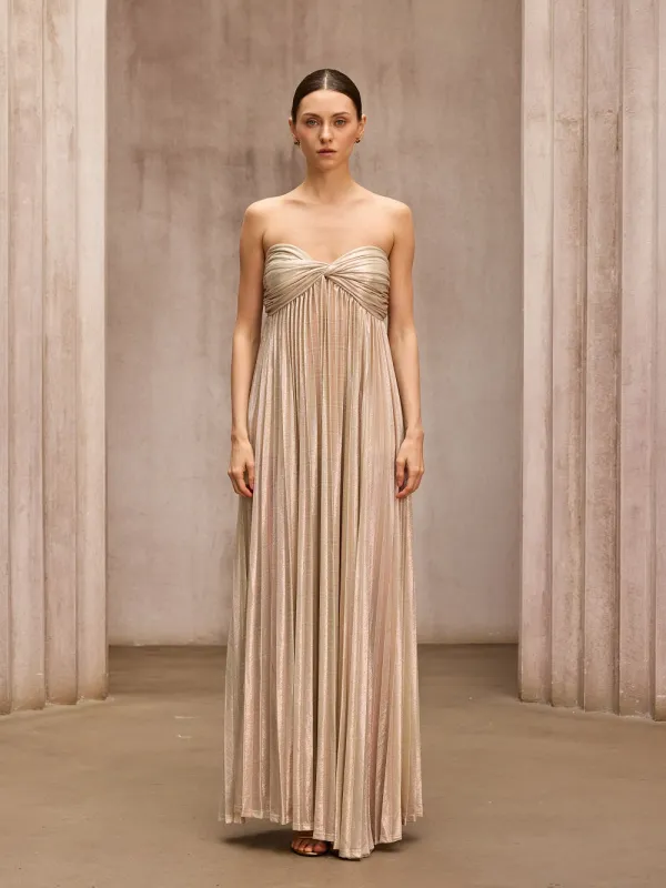 Voidsphere Strapless Pleated Metallic Maxi Dress In Beige made by Mew Mews