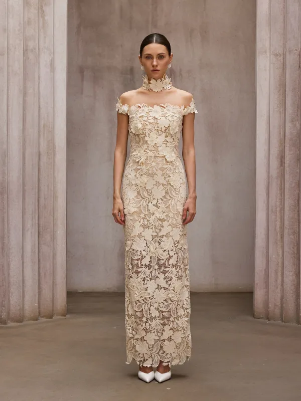 Dorona Flower Embroidered Maxi Dress In Beige made by Mew Mews