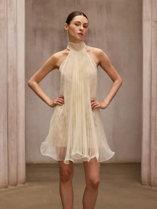Dorika Lace Pleated Flare Mini Dress made by Mew Mews