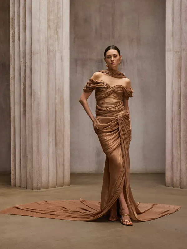 Drexen Off Shoulder Draped Maxi Dress In Khaki made by Mew Mews
