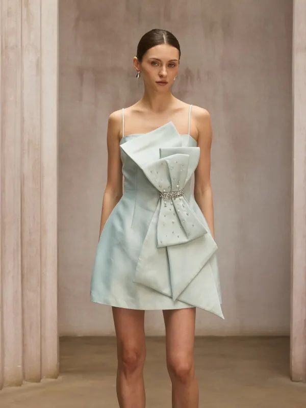 Dracen Spaghetti Bow Rhinestone Mini Dress In Green made by Mew Mews