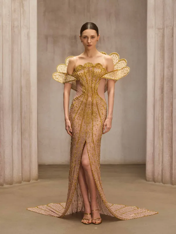 Nesvor Rhinestone Mesh Split Maxi Dress In Gold made by Mew Mews