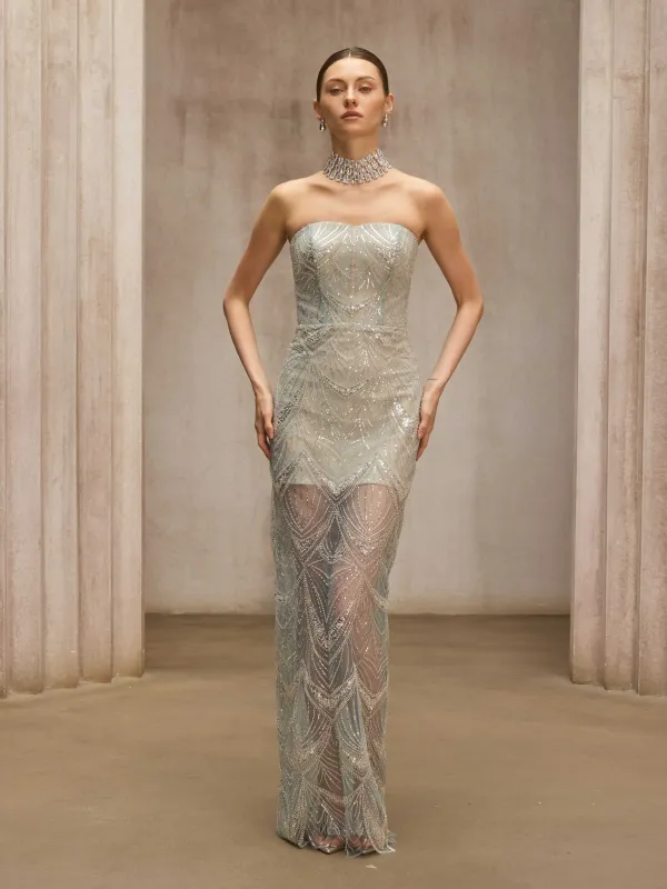 Amzie Strapless Sequin Mesh Maxi Dress In Icy Teal made by Mew Mews