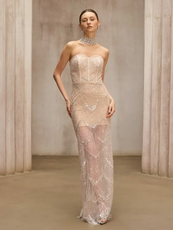 Amzie Strapless Sequin Mesh Maxi Dress In Apricot made by Mew Mews