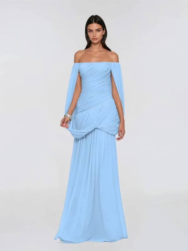 Zoryrin Off Shoulder Mesh Ruched Maxi Dress In Blue made by Mew Mews