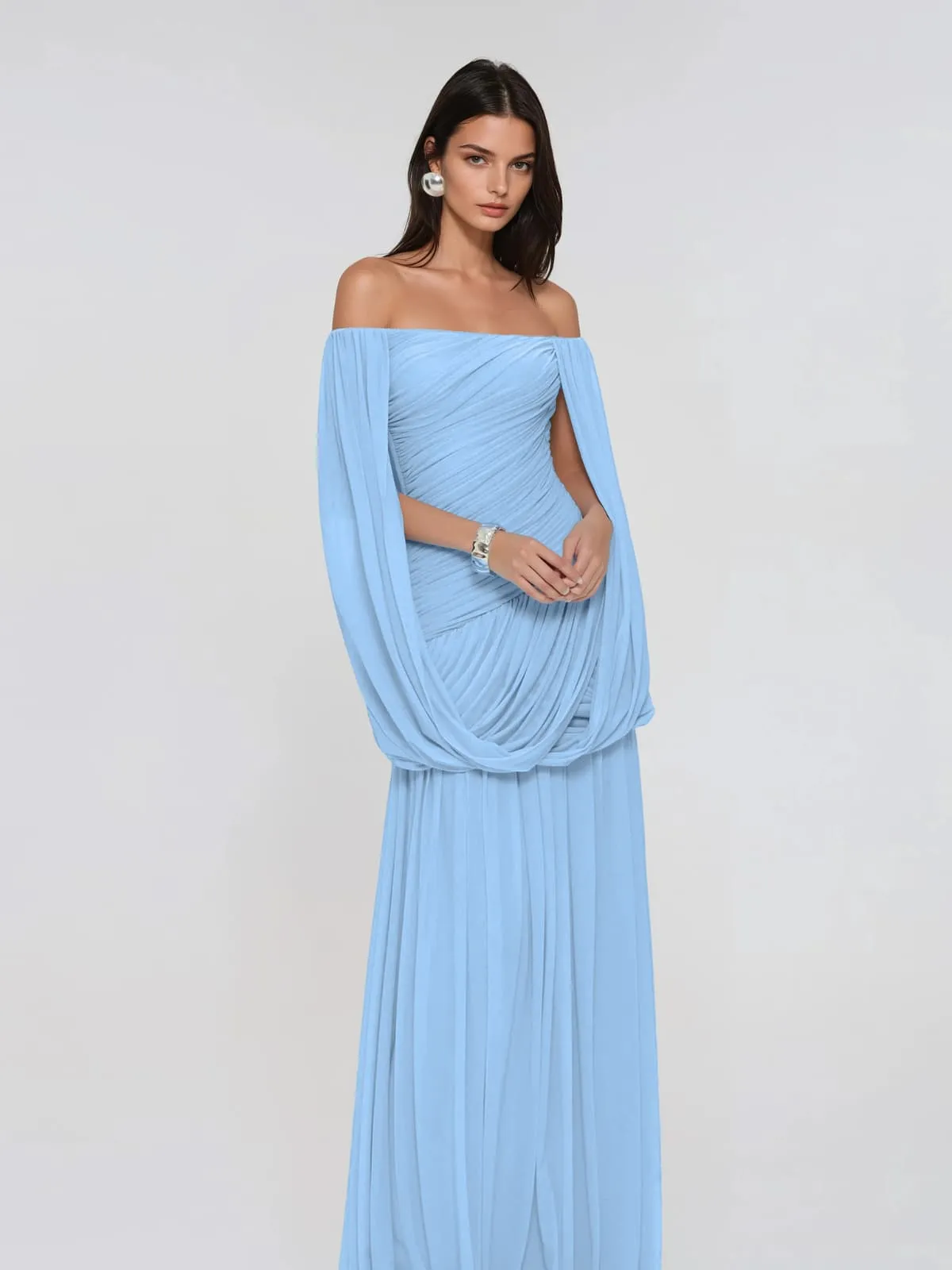 Zoryrin Off Shoulder Mesh Ruched Maxi Dress In Blue sold by Mew Mews product image thumbnail 3