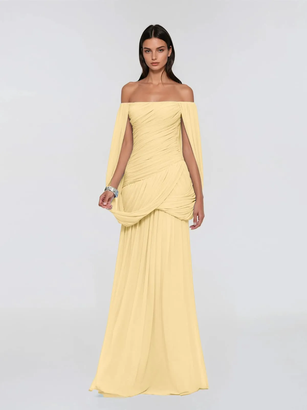 Zoryrin Off Shoulder Mesh Ruched Maxi Dress In Yellow sold by Mew Mews product image thumbnail 2